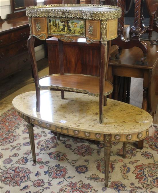 Louis XV style kidney shaped marble topped table and an oval marble topped coffee table